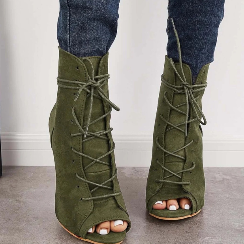 Women's Fashion Peep Toe Stiletto High Heel Ankle Boots Lace Up Booties Size 38